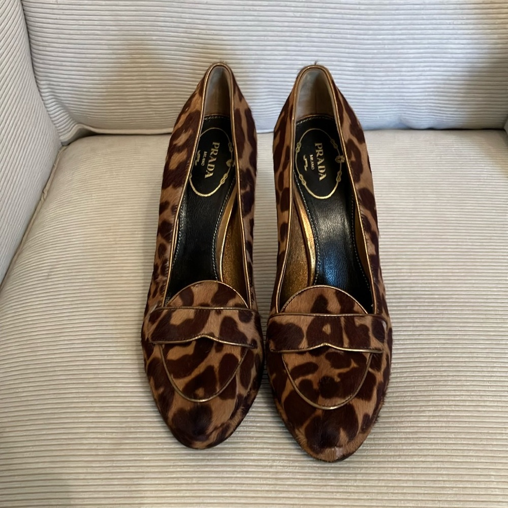 Prada Leopard Print Calf-Hair Platform Loafer Pumps